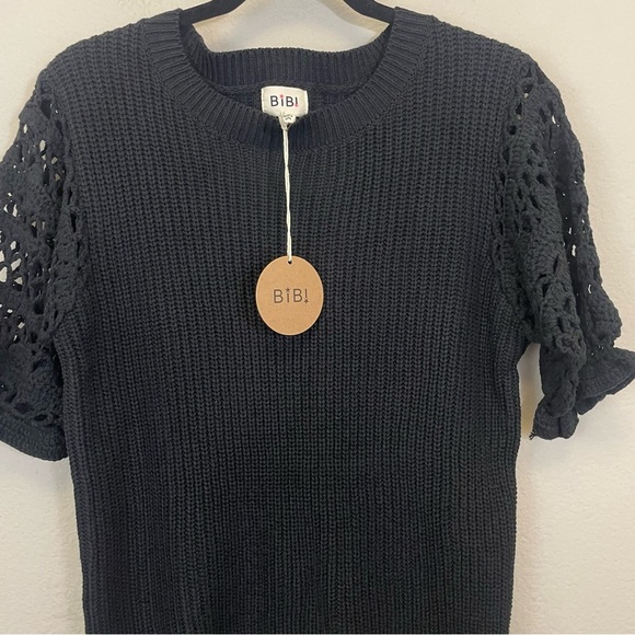 NWT BiBi Black Crochet Sleeves Cotton Blend Crewneck Ribbed Sweater Size XL - Picture 4 of 7